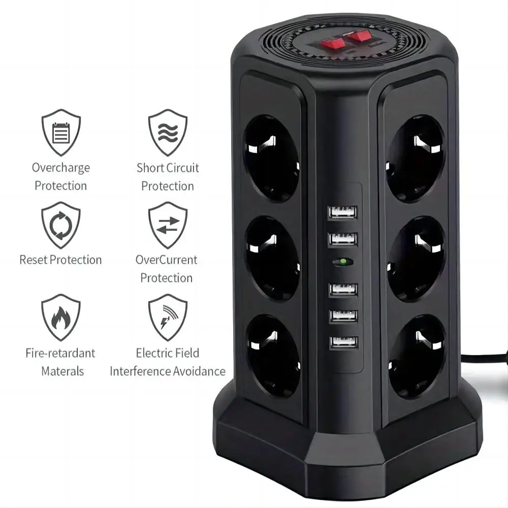 Euro Standard multi-socket (2500W/10A), 12 sockets and 5 USB ports with 1.8M extension cable, suitable for home and office