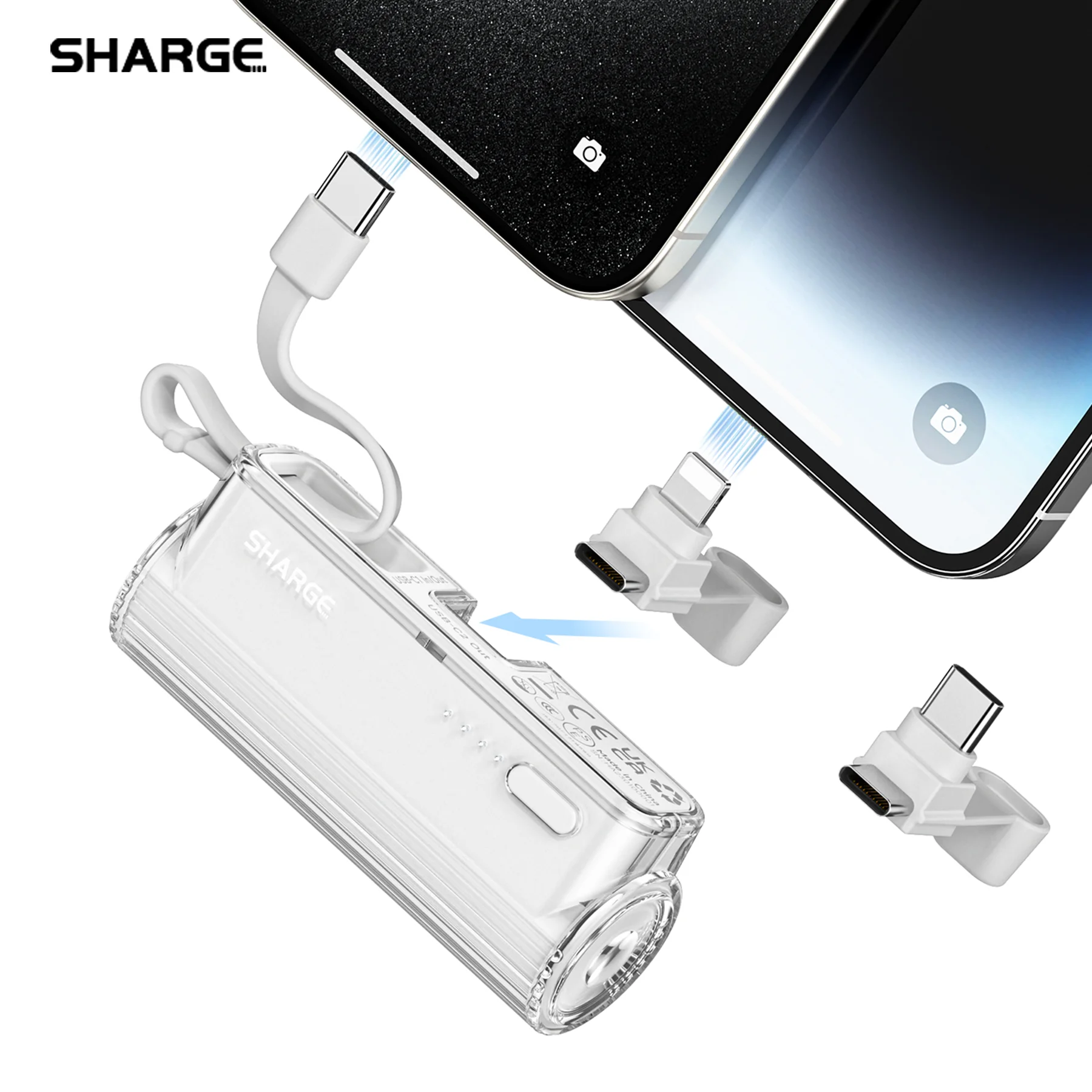 SHARGE Portable Charger Small Power Bank with Changeable Plugs Built in Cable, 5000mAh USB-C Battery Pack for iPhone 16