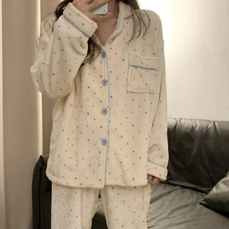 طقم بيجامة نسائي من الفلانيل ملابس نوم شتوية دافئة من الصوف المرجاني ملابس نوم مريحة بأكمام طويلة ملابس منزلية للنساء #6