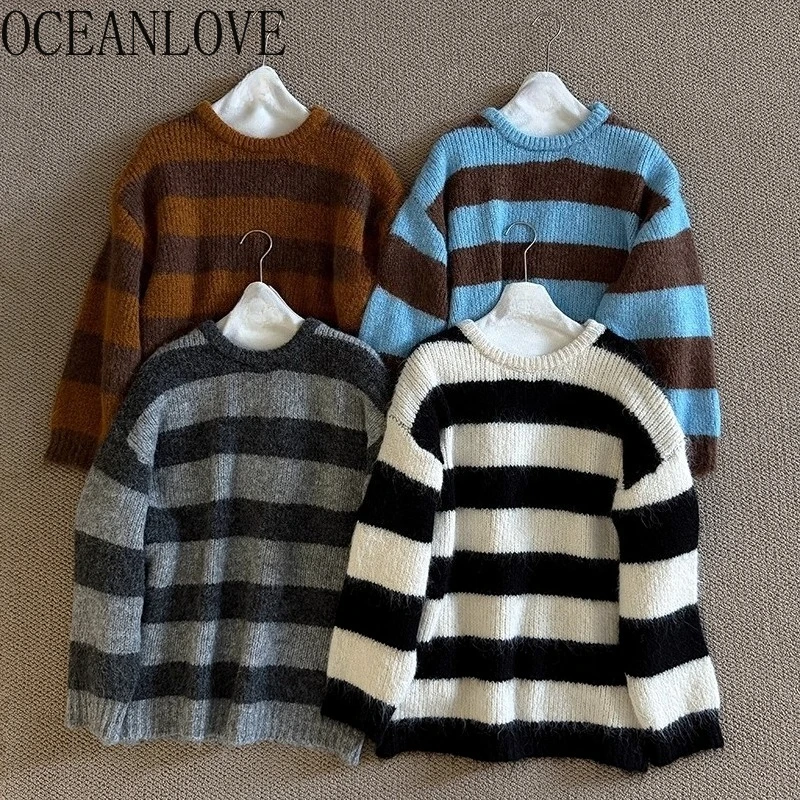 

OCEANLOVE осенне-зимняя одежда женские свитера в полоску контрастного цвета корейские модные пуловеры с круглым вырезом винтажные Pull Femme