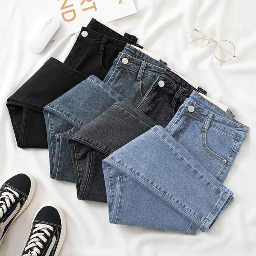 

Эластичные джинсовые узкие джинсы Женские брюки-карандаш с высокой талией Женские корейские модные показы Тонкие светло-голубые серые джинсы Женские узкие