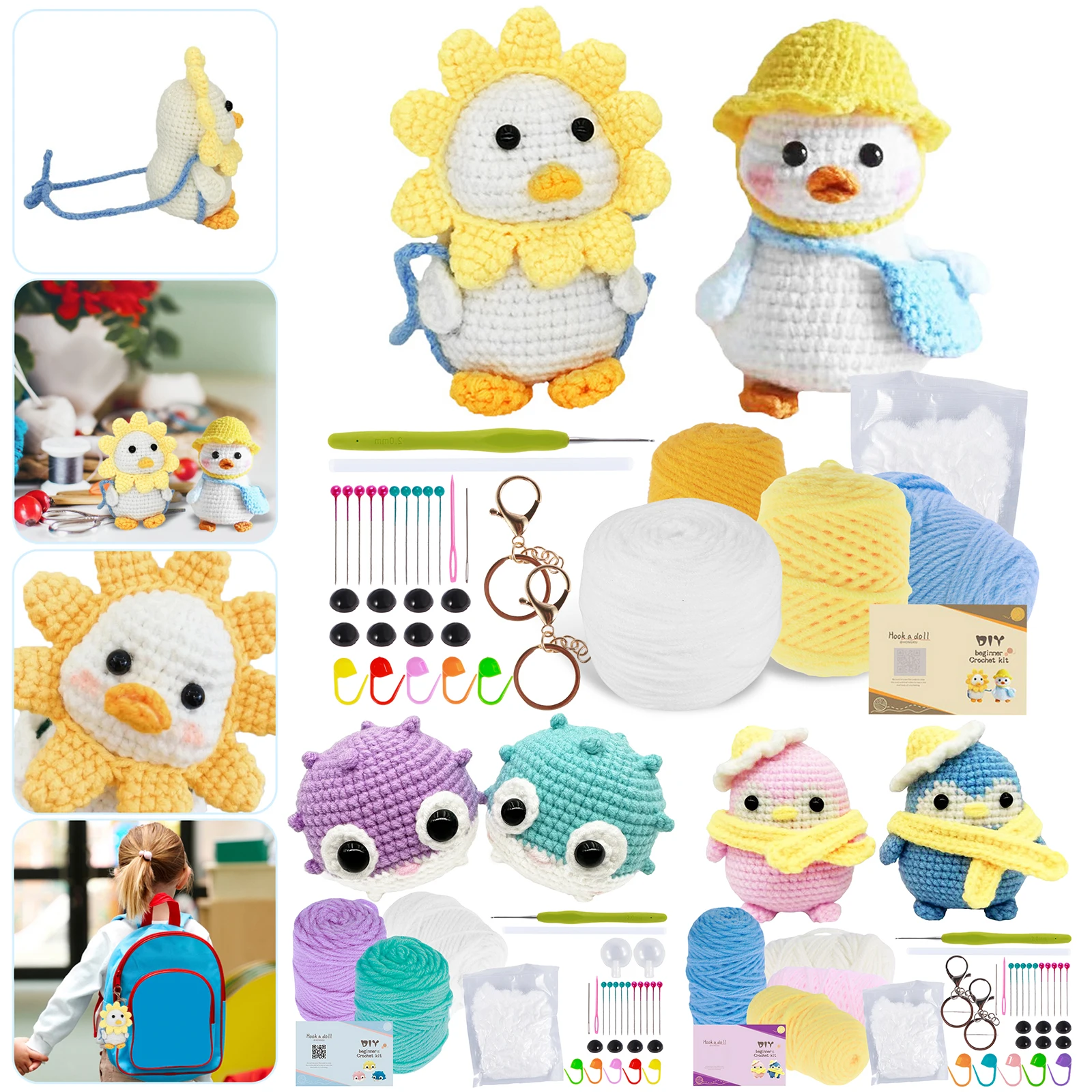 Crochet Kit for Beginners Complete Crochet Knitting Kit Adorable Animal Crochet Starter Pack with Yarn Stuffing Keychain DIY