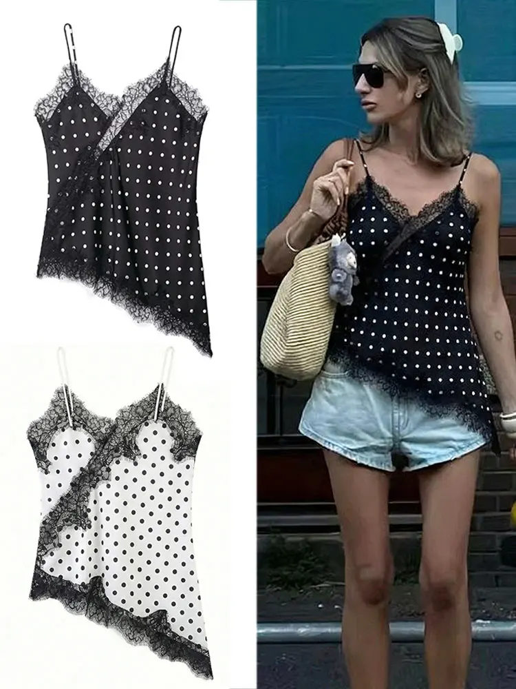 HH Damen 2026 Trend Polka Dot Sling-Tops Asymmetrische Ärmellose V-Ausschnitt Spitzen-Dekorative Tops Elegante Mode Urlaubsoutfits Camis