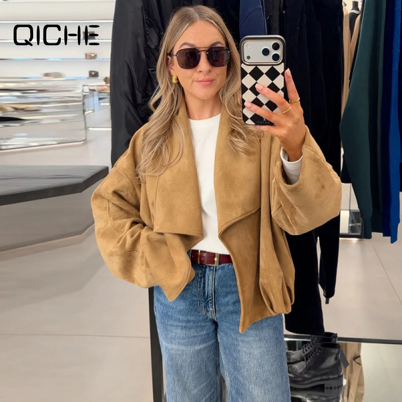 QICHE Women 2026 Autumn Big‑Lapel Suede Wrap‑Style Loose Versatile Casual Jacket Outerwear