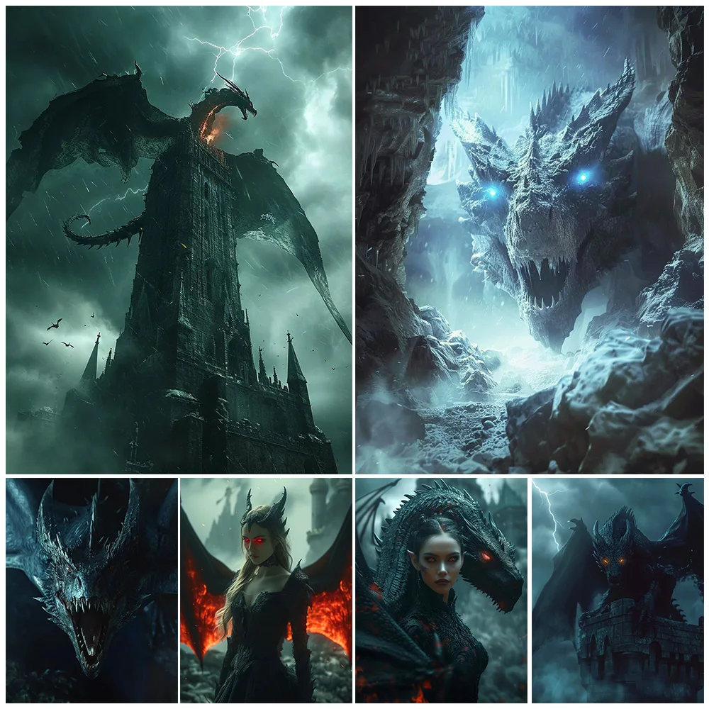 

Ancient Dragon And Demonic Witch,Gothic Wall Art,Canvas Painting,Roaring Dragon,Witchcraft Art Poster Print,Home Decor Unframed