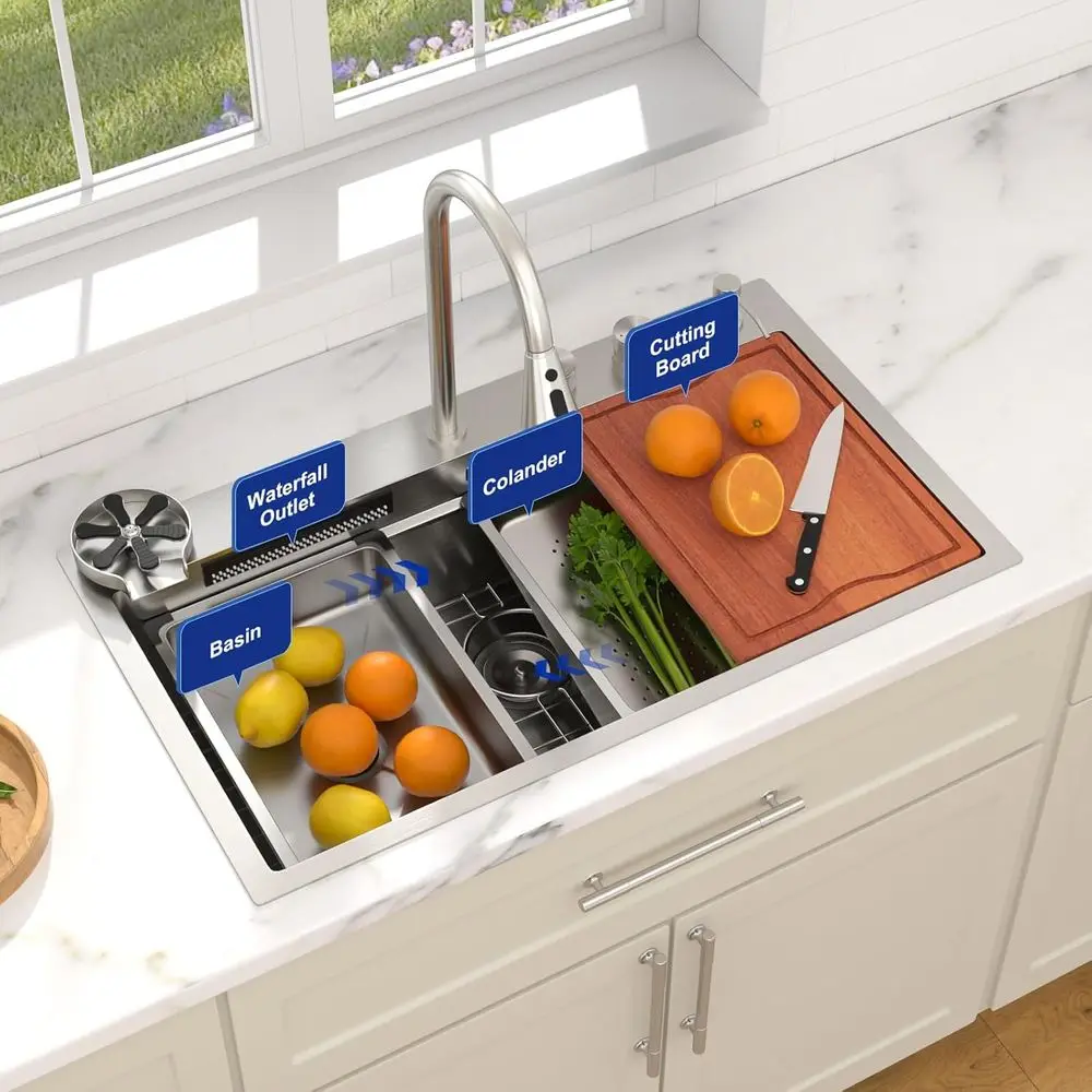 

Luxury Waterall Kitchen Sink 33×19 Drop In Kitchen Sink With aucet Smart Topmount Sinks Multiunctional StainlSteel Workstation O