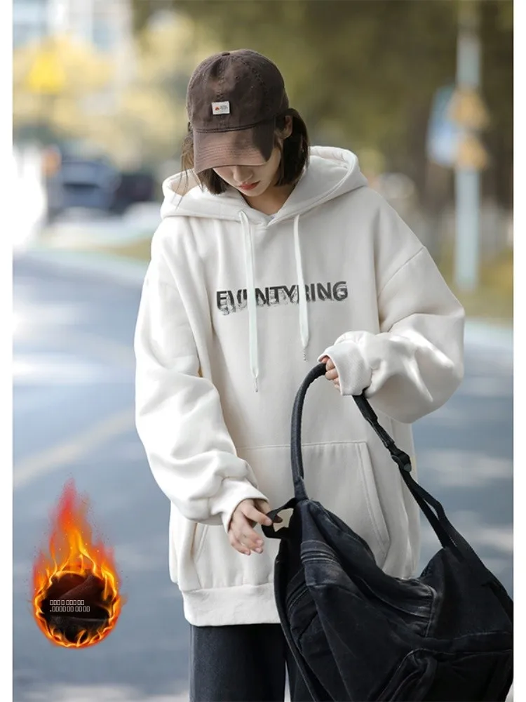 

Мужская зимняя толстовка оверсайз с капюшоном, утепленная флисом, свободного кроя, повседневная, для пар, с буквенным принтом, длинный рукав, полиэстер/хлопок