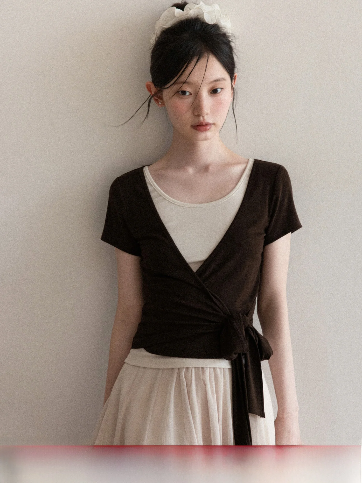 

Ballet Style Deep Coffee Short Sleeve Women's T-Shirt Two-Piece Set Casual Loose Fit Spring Summer Inner Wear Top Vest