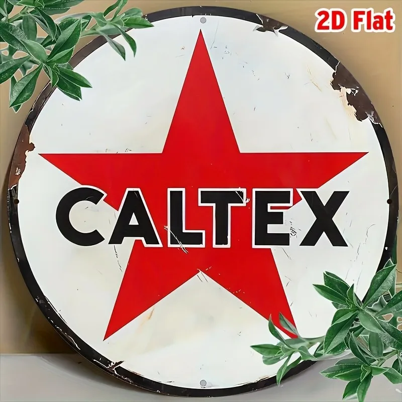 Rundes Caltex-Metallschild im Vintage-Stil, UV-High-Definition-Druck, Wandbehanghalterung, Mehrzweckgebrauch für Innen- und Außendekoration