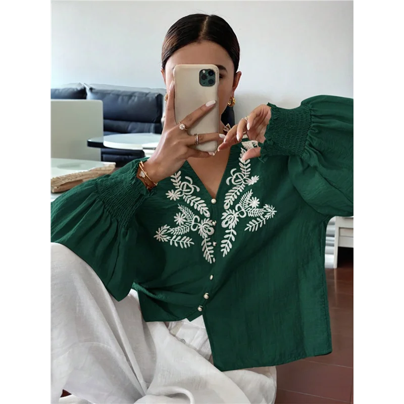 

ABRT-Women's Embroidered Linen Shirts Button Up Sleeve V Neck Boho Blouse