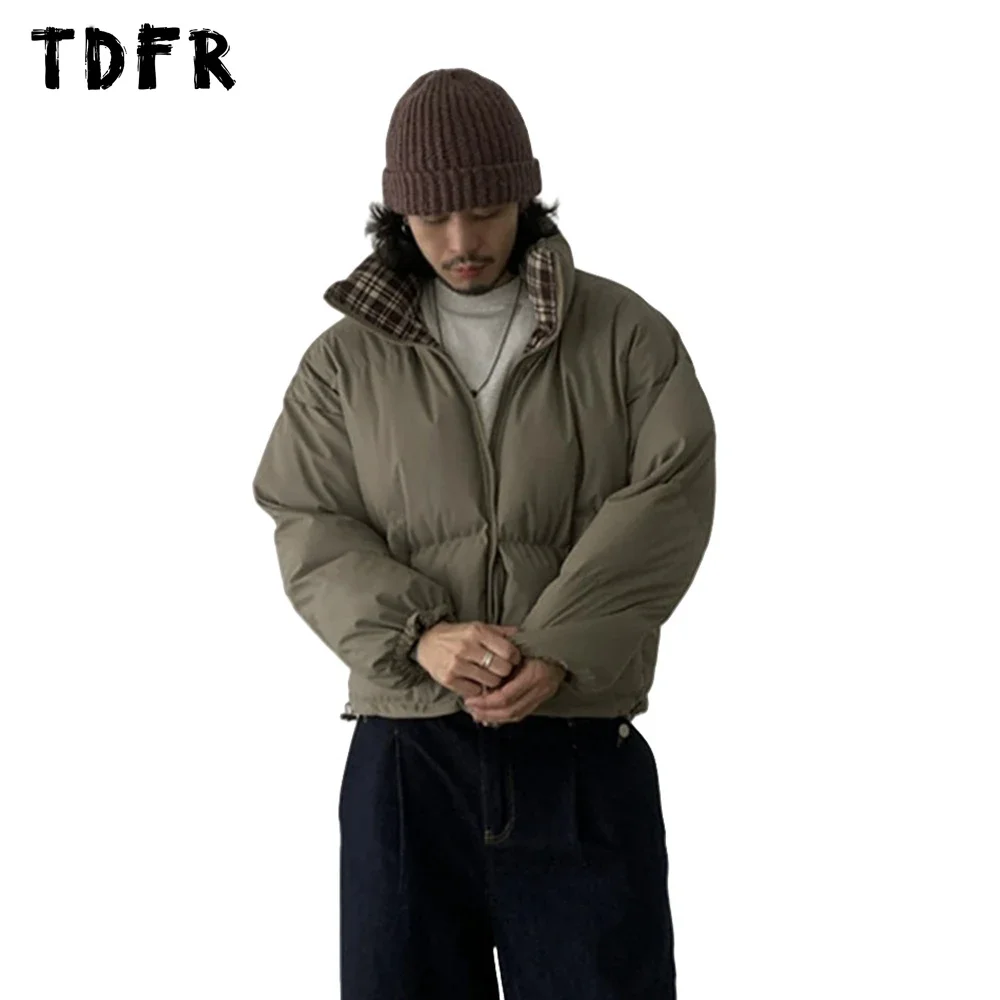 Double-sided Bread Jacket Mens Winter Retro Casual Stand Collar Long Sleeve Drawstring Hem Padded Jacket Men