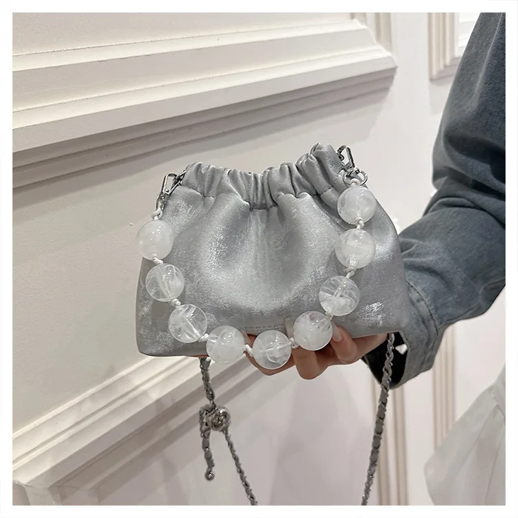 Korean Fashion Solid Pu Bucket Bags Trendy Simple Beaded Tote Handbags For Women Daily Shopping Shoulder Bag Crossbody femme