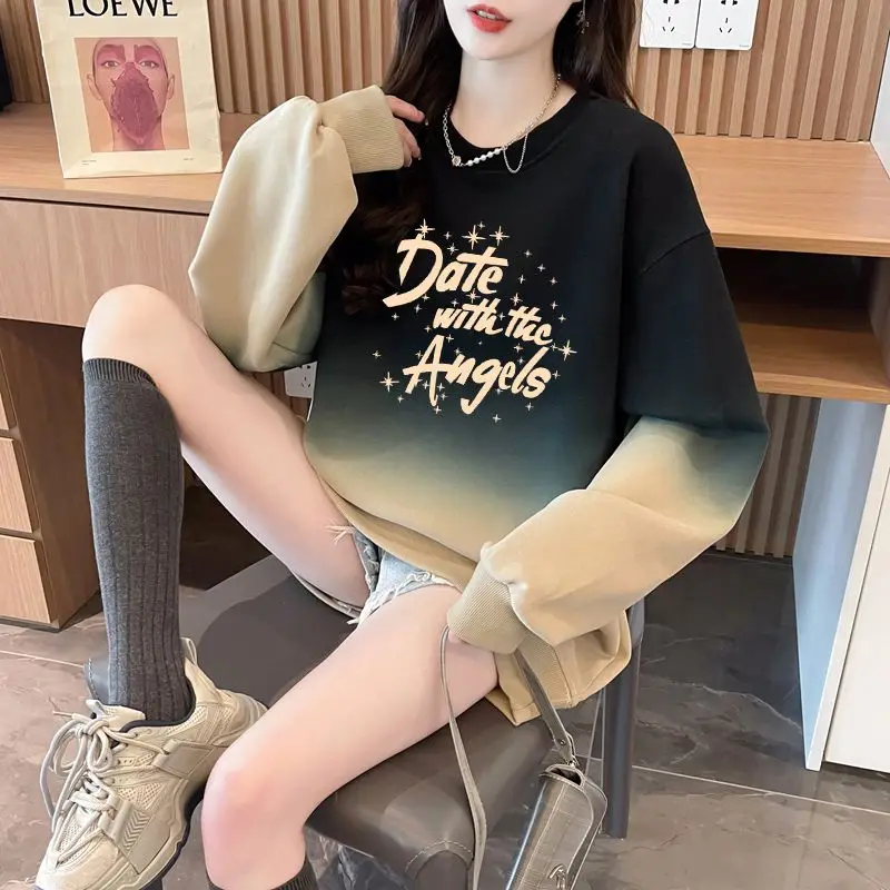 American 2024 Spring Autumn Women's New Splicing Printed Letter Fashion Versatile Medium Long Loose Gradient Long Sleeve Hoodie
