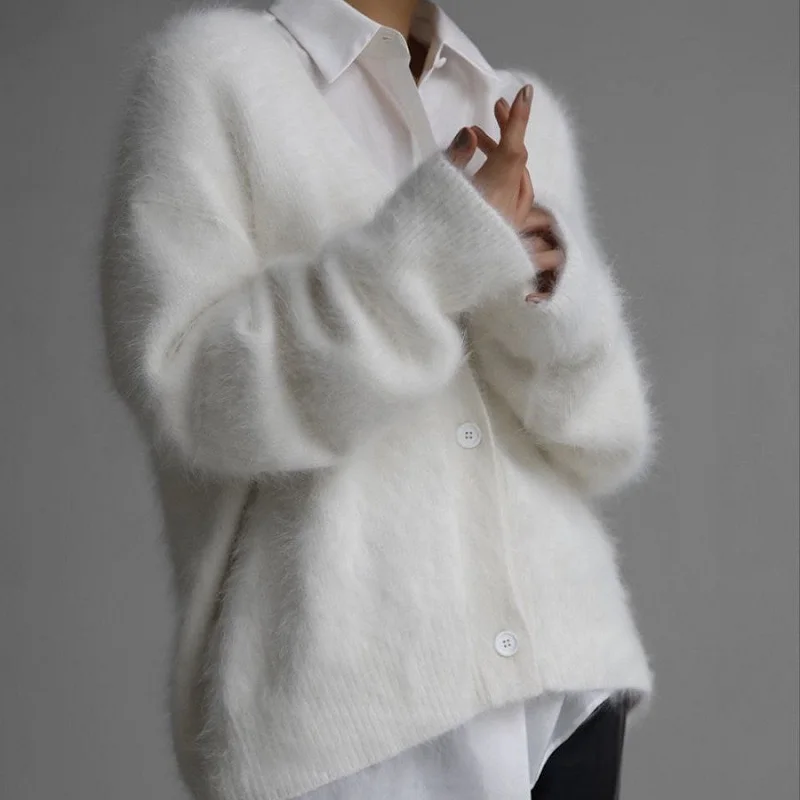 ​​Women Casual Long Sleeve Solid Knit Sweater 2024 Elegant V-neck Loose Mink Cardigan Coat Autumn Winter Fashion Button Jackets