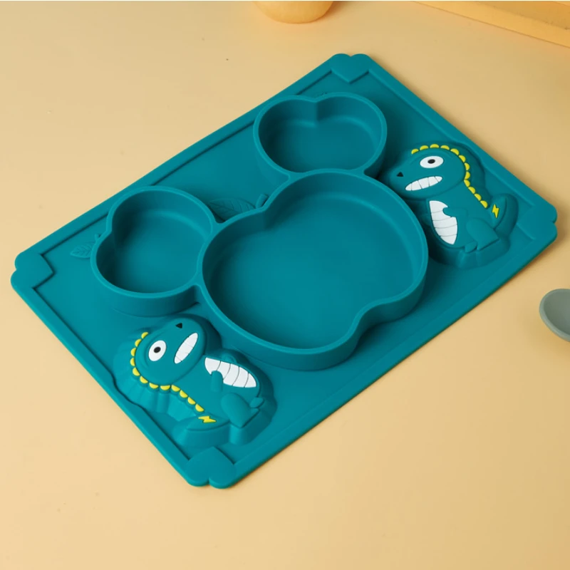 Baby dinosaur silicone plate infant training solid food bowl integrated suction Bowl plate tableware baby food storage tableware