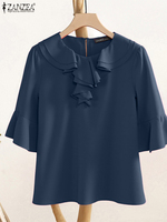 ZANZEA Fashion Ruffles Blouses 2025 Summer Woman 3/4 Flared Sleeves Round Neck Blusas Mujer Day Wear Elegant Solid Color Chemise