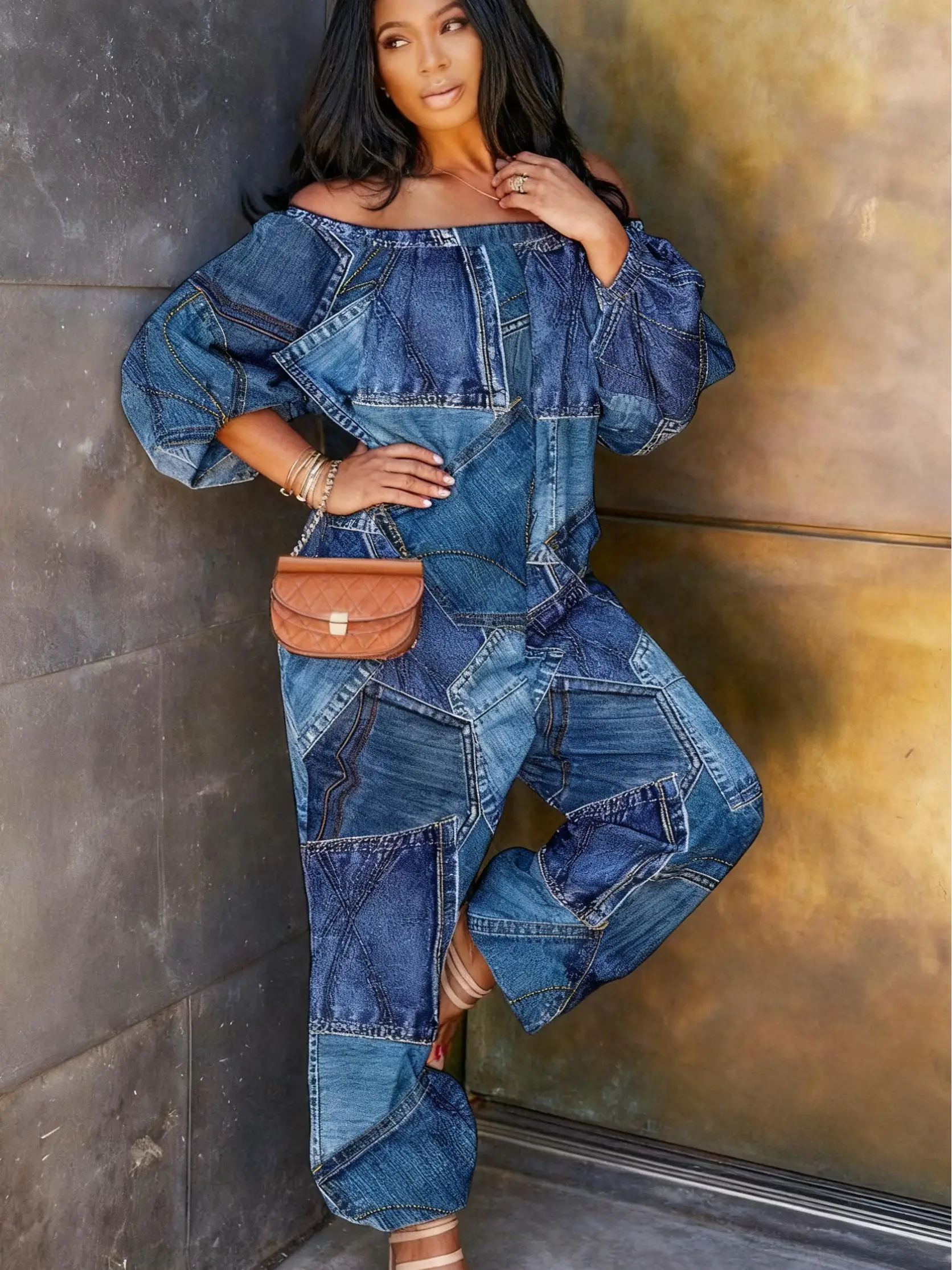 

Легкий синий комбинезон больших размеров с принтом и длинными рукавами