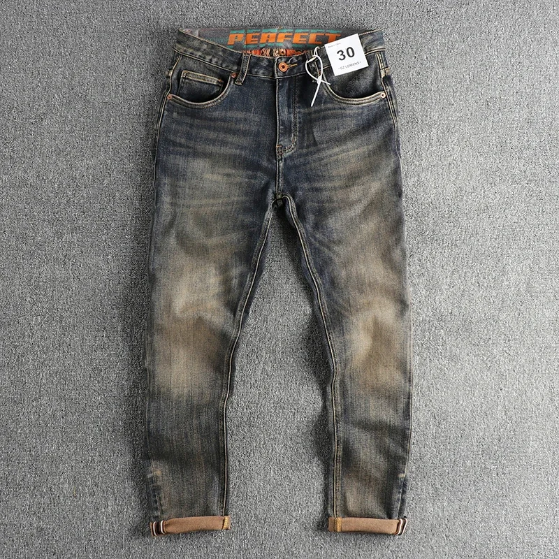 American Retro Waist Printed Stretch Denim Jeans for Men Four Seasons Vintage Washed Distressed Soft Fit Straight Casual Pants