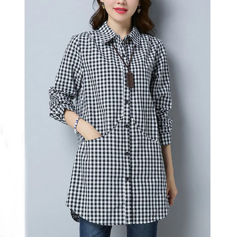 Fashion Lapel Button Spliced Pockets Lattice Shirt Women\'s Clothing 2023 Autumn New Oversized Casual Tops Loose Commute Blouse