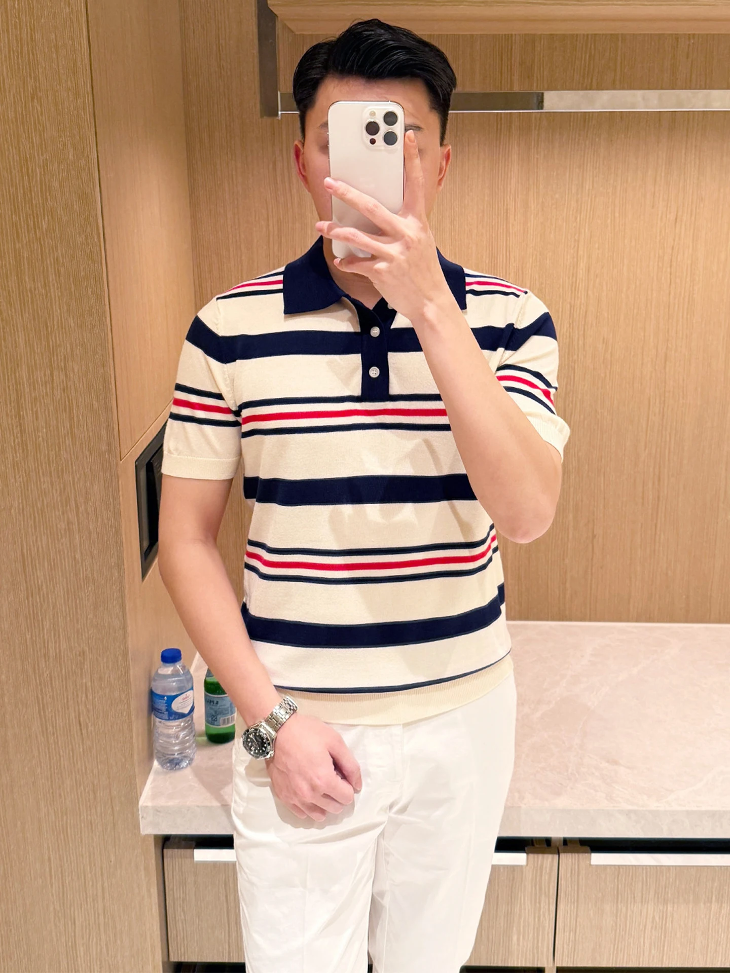 Fashionable High-End Casual Business Shirt Men's Summer New Color Block Striped Slim Fit Short Sleeve T-Shirt