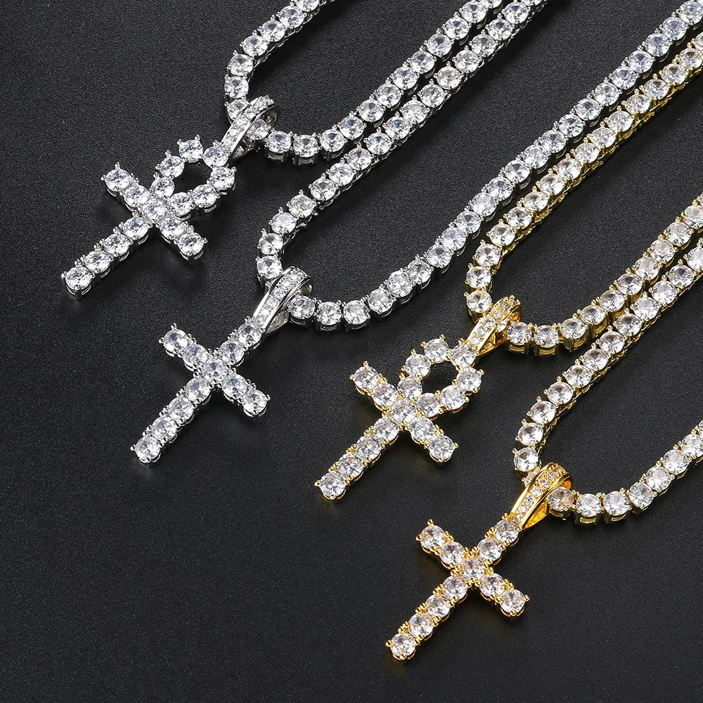 Hip Hop Iced Out Tennis Cross Pendant Necklace for Men Steampunk Gold Plated CZ Chain on Neck Luxury Design Jewelry S-OHP003