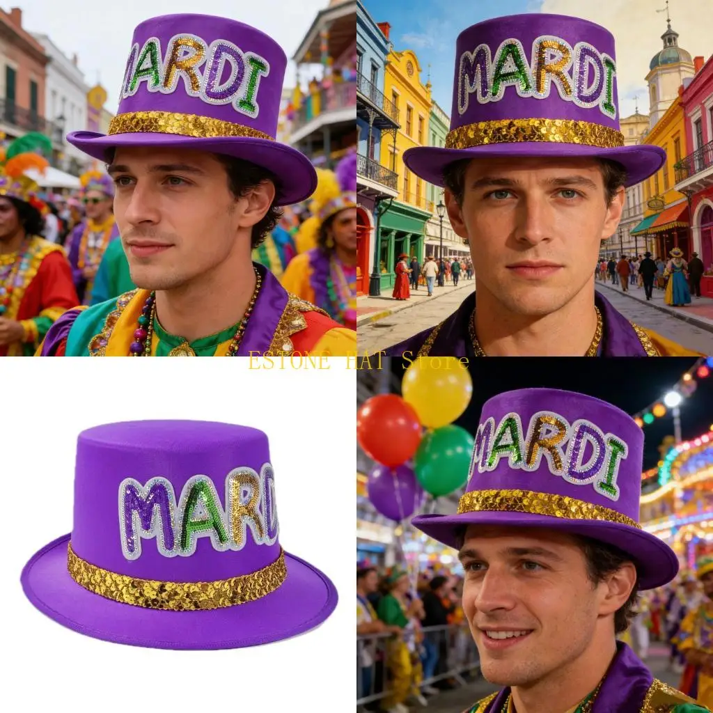 

49MF Стильный цилиндр MardiGras, блестящая вечерняя высокая шляпа с буквами и блестками для карнавалов