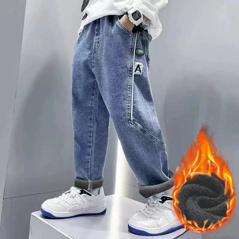 Boys Plush Warm Straight Jeans Autumn Winter Stylish Letter Denim Trousers 4-14 Years Kids Casual Loose Fit Cotton Sweatpants