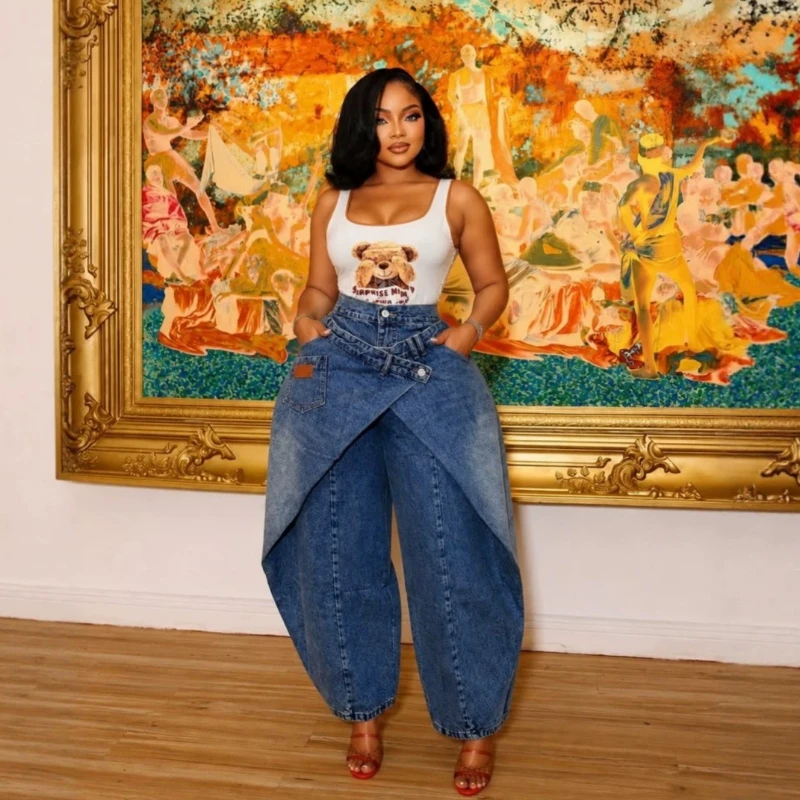 Women Denim Cargo Pant Jeans Vintage Wide Leg Long Pants High Waist Straight Trousers Y2k Streetwear Elegant Work Casual 2026