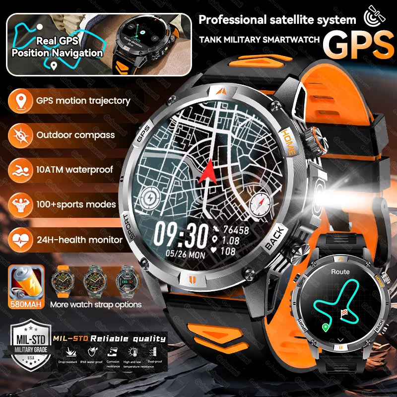 

New TANK Military Real GPS Smart Watch Men Outdoor Compass Flashlight 10ATM Waterproof Bluetooth Call Sport AMOLED HD Smartwatch