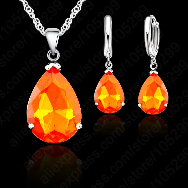 Elegant Water Drop Woman Party Wedding Jewelry Genuine 925 Sterling Silver Shiny Cubic Zircon Fashion Earring Necklace Set
