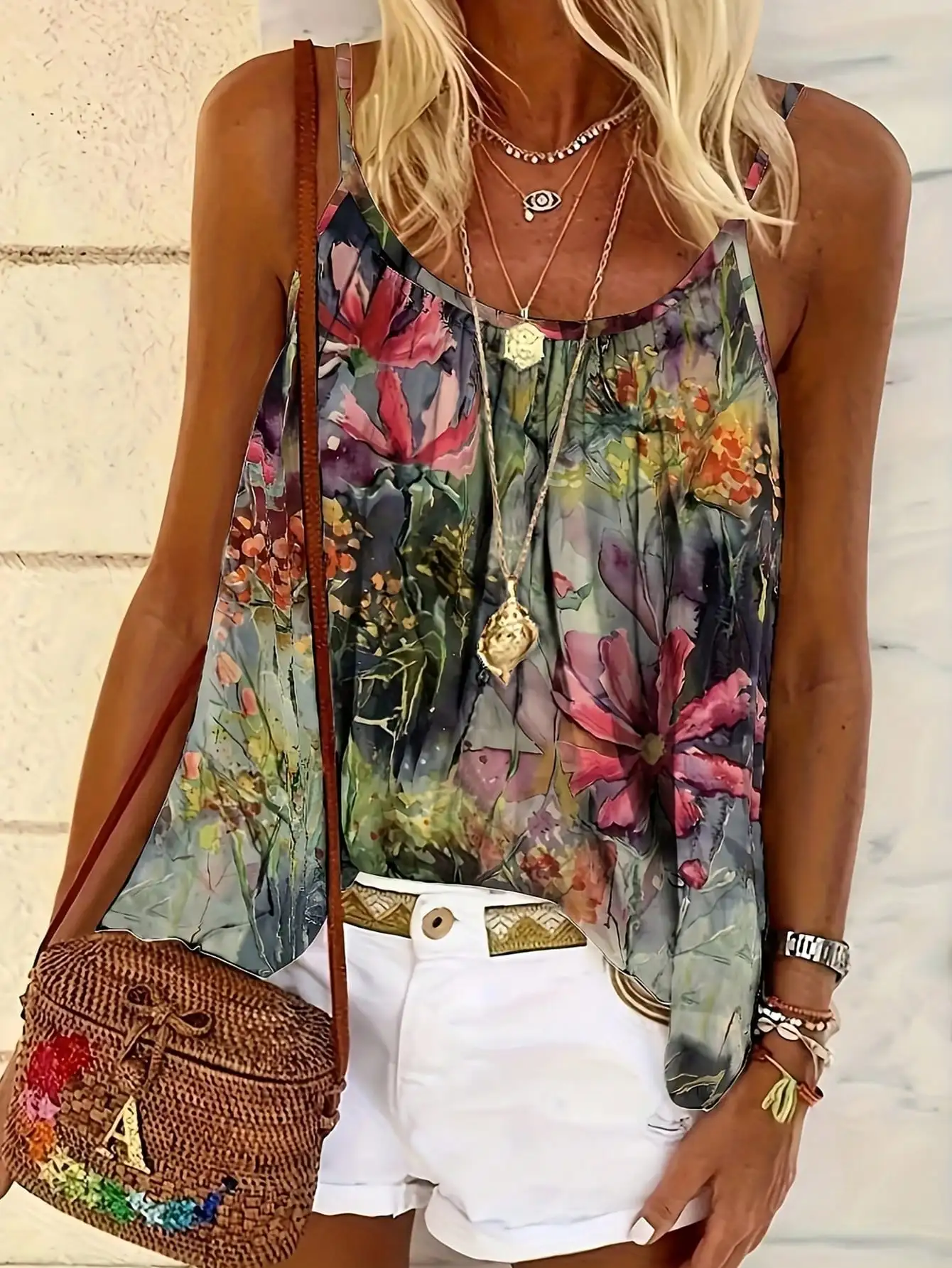 Womens Floral Print Spaghetti Strap Tank Top Loose Fit Boho Summer Sleeveless Blouse