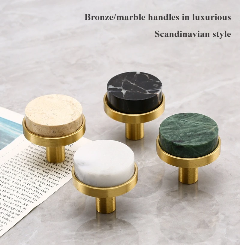 5pcs Marble brass handle round furniture wine cabinet bookcase drawer European door handle cave stone single hole handles