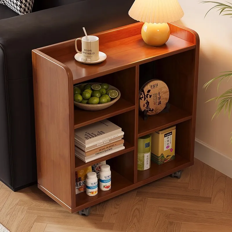

Solid wood movable side tables, small bookshelves with roller shelves, small multi-function living room storage, simple multi-la