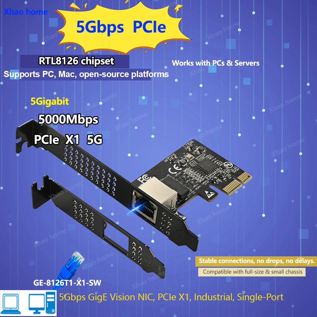 

5Gb PCI-E NIC RTL8126 Chip PCI Express X1 Ethernet Adapter Support Windows/Linux/VMware 10/100/1000/2500/5000Mbps Network Card