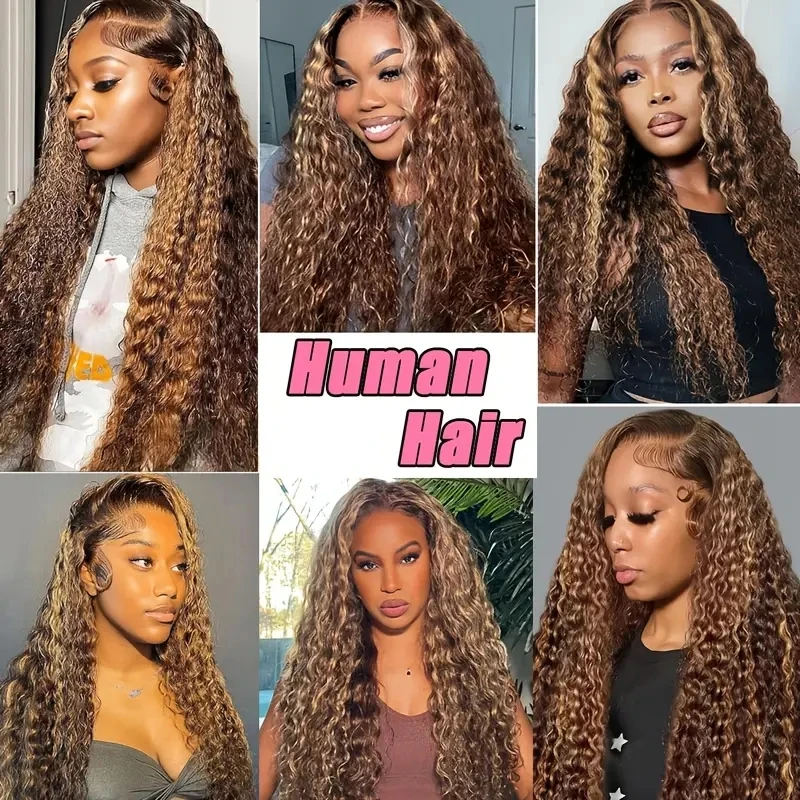 30 40 Inch Deep Wave Human Hair Wig 360 Full Lace Front with Hidden Strap 4/27 Blonde Highlights Pre Plucked Brazilian Cury Hair image 6
