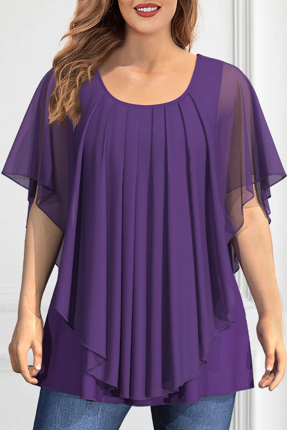 Women's Plus Size Chiffon T shirt Short Sleeve Ruched Round Neck Double Layer Flutter Sleeve Pleated Asymmetric Hem Tee Tops