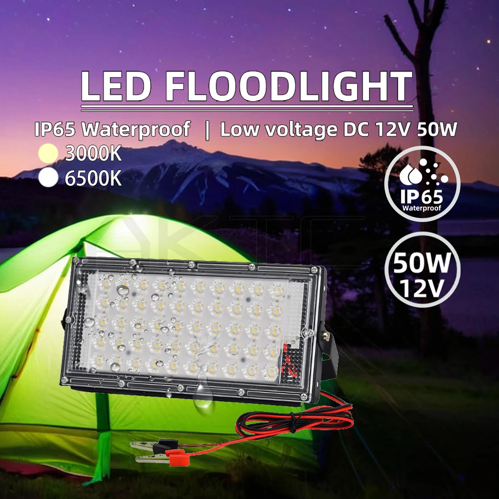 12 فولت تيار مستمر 50 واط LED كشاف ضوء خارجي الأضواء 3000 كيلو 6000 كيلو دافئ أبيض DC12V ضوء أمان محمول للتوصيل مع البطارية #3