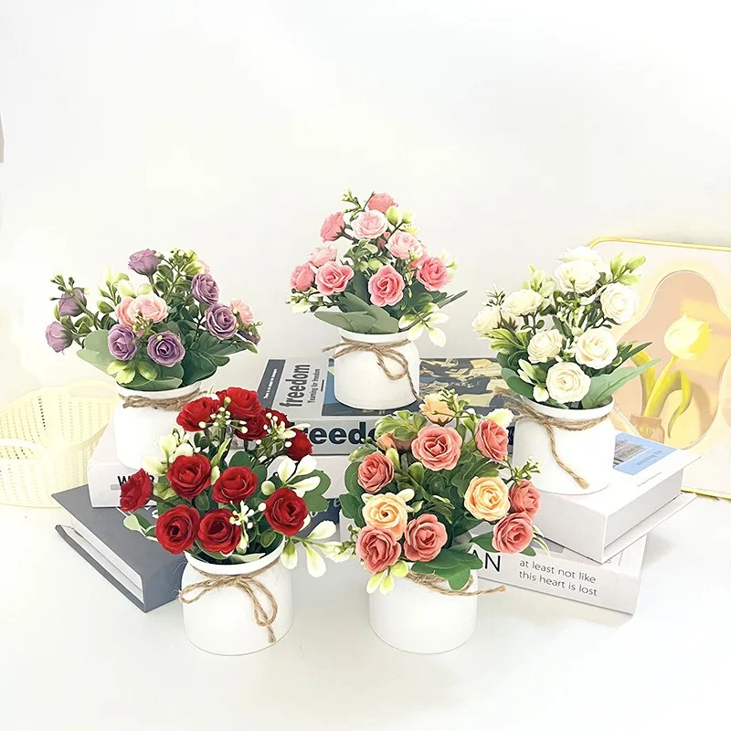Small Hemp Rope Basin, Simulated Rose Potted Plant, Home Office Decoration, Indoor Desktop Decoration, Artificial Plant Wholesal