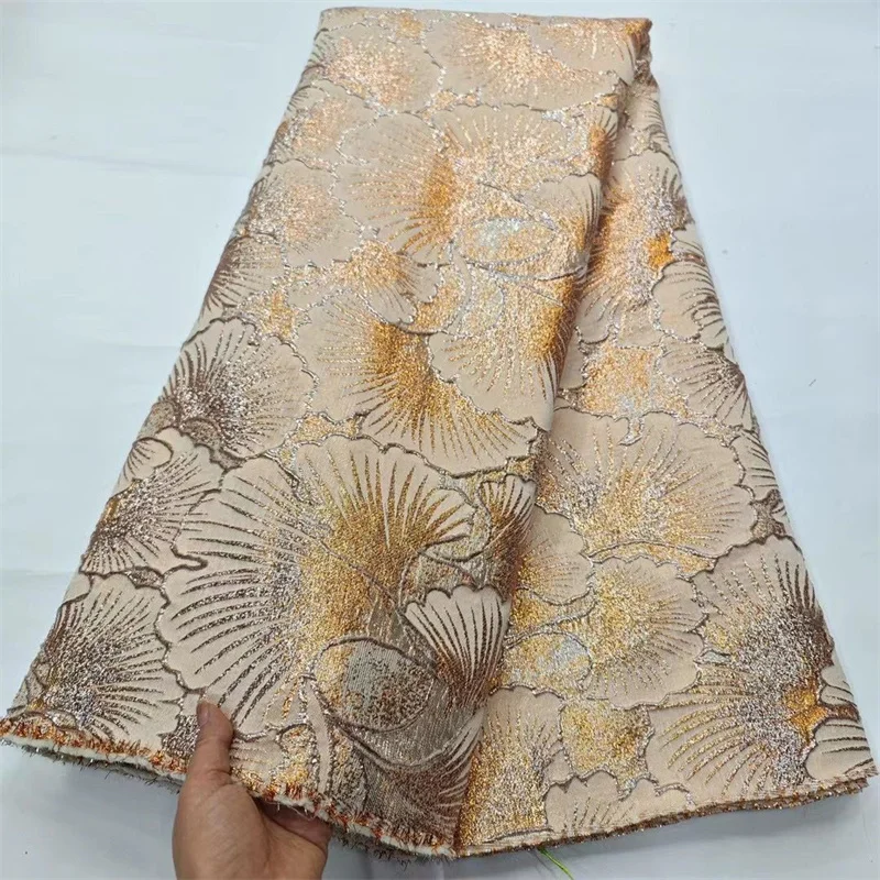 

2024 Brocade Fabric Jacquard Damask Cloth For Woman Nigerian Floral Gilding Lace Dress Material Brocard Tissu 5Yards Gold