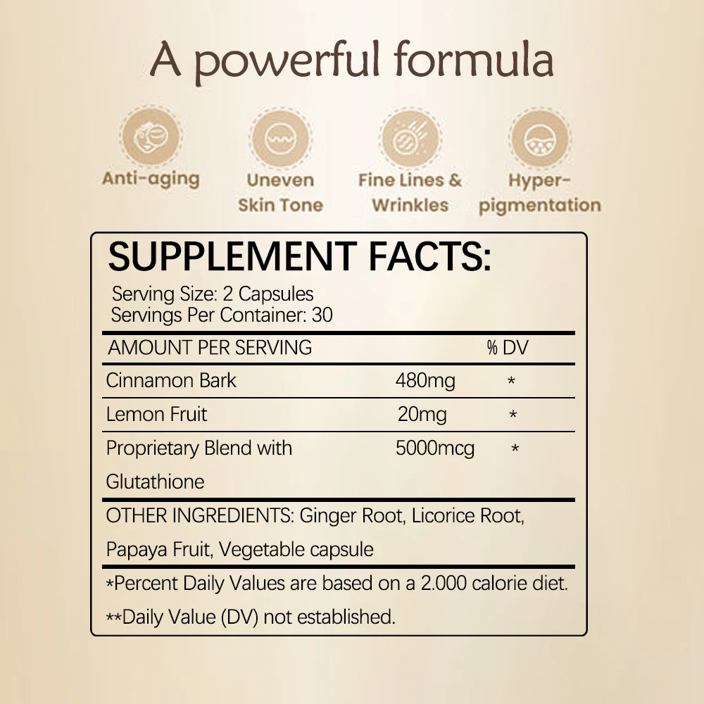 مكمل غذائي الجلوتاثيون 5000 مللي جرام مع فيتامين C- محسن لون البشرة للبقع الداكنة وحب الشباب المضادات للأكسدة القوية 60 كبسولة نباتية