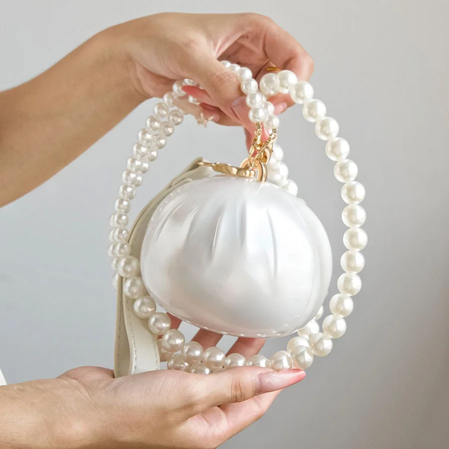 French Style Gentle Round Ball Shpe Dinner Bag Women's Pearl Strap Glossy Delicate Party Bag Shaped Shell Acrylic Handbag