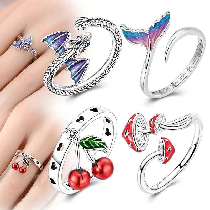 Bestseller 925 Sterling Silber Ring Drachenfisch-Schwanz Süße Kirsche Herz Ring für Damen Hochzeit Party Schmuck Accessoires Geschenk