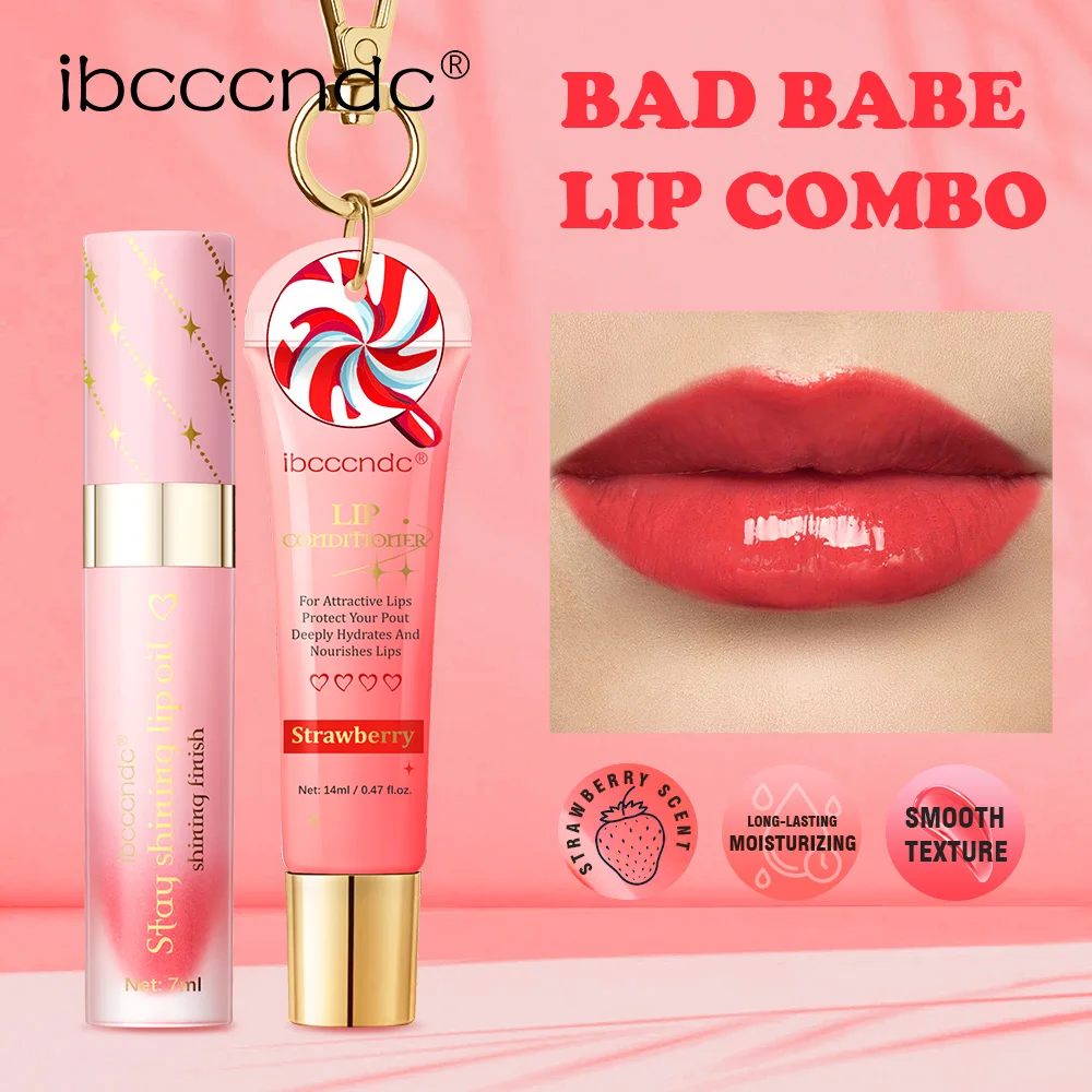 Strawberry Lip Combo Lip Conditioner Shining Lip Oil with Keychain Hydrating Nourishing Glossy Longwear Moisturizing Lip Care