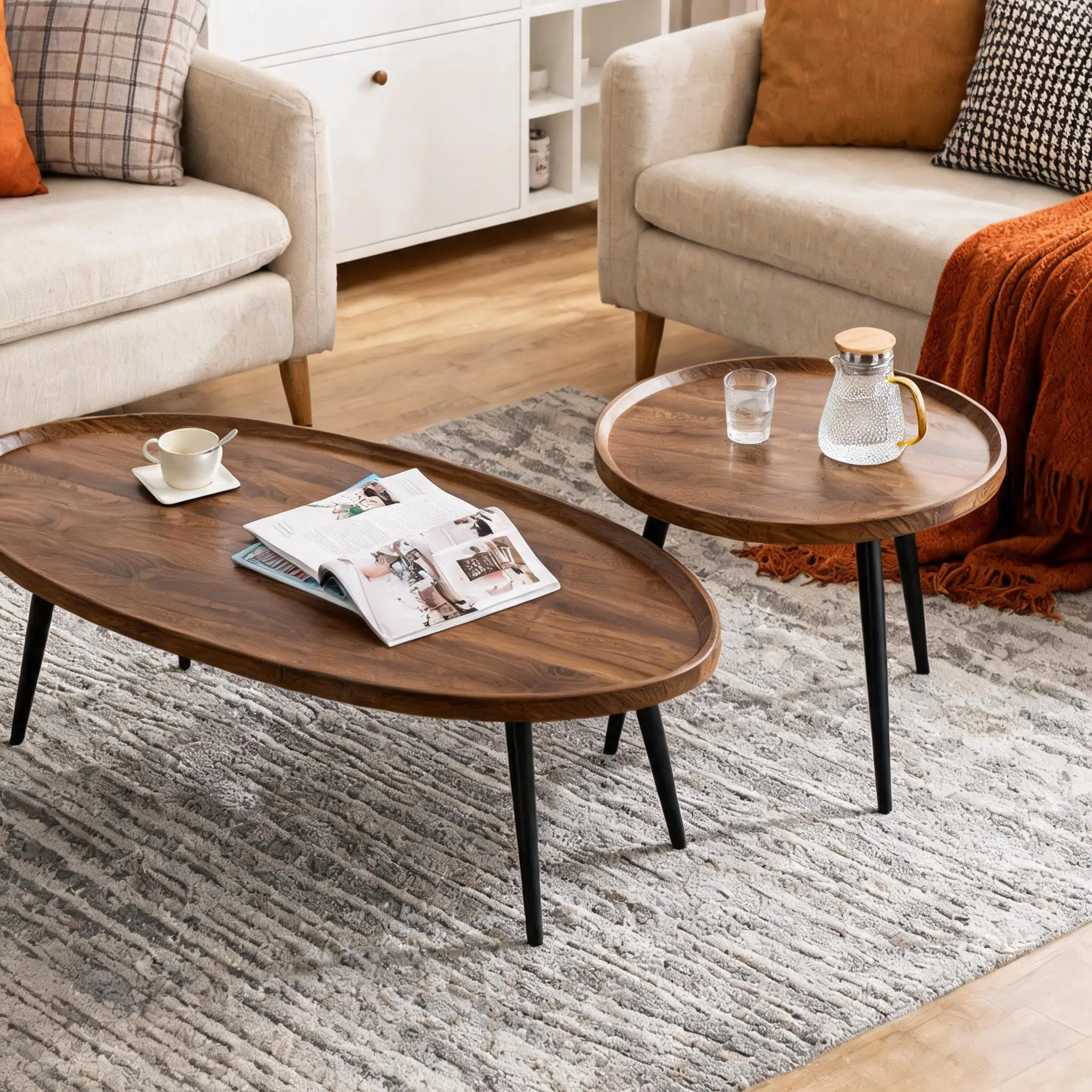 Modern Nesting Patio Side Tables Set of 2  Round End Tables with Sturdy Wood Legs & Metal Frame – Waterproof, Mark-Resistant, Space-Saving Ideal for Living Room, Bedroom, Balcony