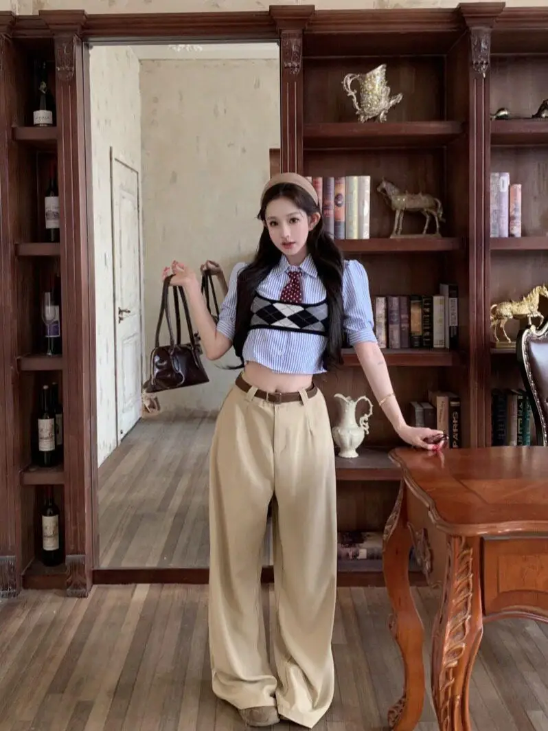

Blue White Striped Collar Short Sleeve Loose Fit Slimming Women's Shirt Summer College Style Half Sleeve Design Sense Top