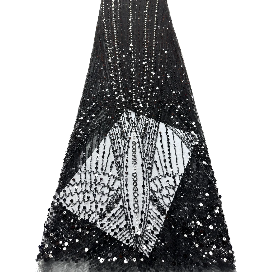 

Hot Sale Floral Embroidered Lace Fabric High Quality African Sequin Beaded Nigerian Tulle 5 Yards for Wedding Party Dress Sewing