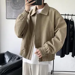 Korean Solid Color Lantern Long Sleeve Turn-down Collar Zipper Cardigan Coats Casual Men's Clothing Autumn Winter Jackets Tops