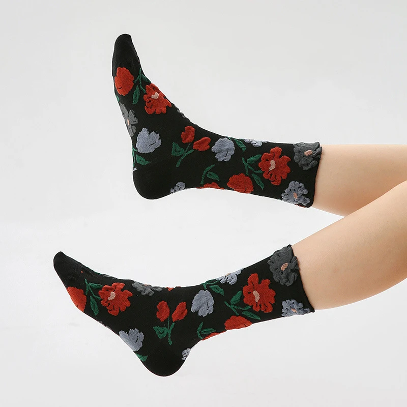 3 Pairs Socks Flower Women Harajuku Cotton Fashion Korean Style Renaissance Original Retro Tube Floral Socks Long Winter Socks