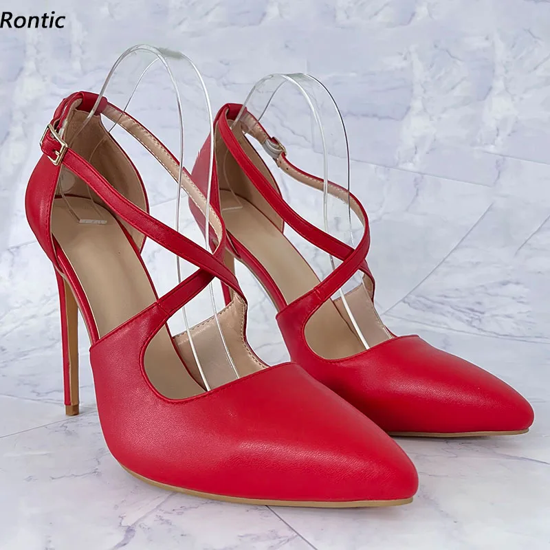 

Женские туфли-лодочки ручной работы Rontic, красные офисные туфли из искусственной кожи на тонком каблуке с острым носком, американские размеры 4-15