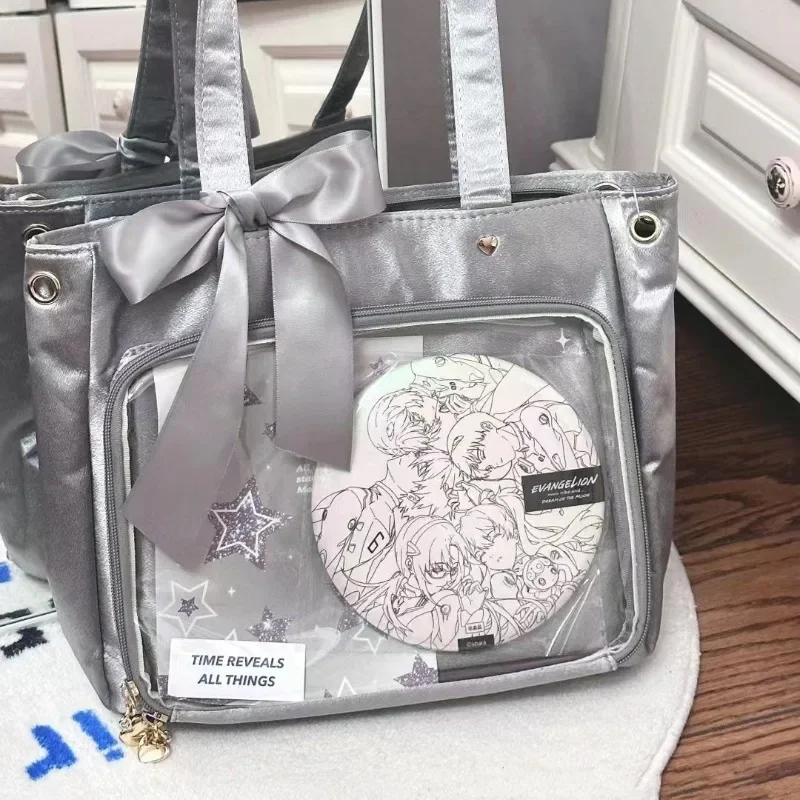 Xiuya, bolso de hombro plateado para mujer, bolso de mano de estilo japonés de gran capacidad Lolita Jk, bolso transparente Harajuku a la moda para